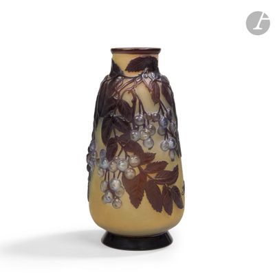 un vase jaune orné de fleurs violettes sur fond blanc