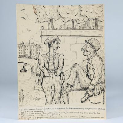 un dessin représentant deux hommes assis sur un banc devant un immeuble