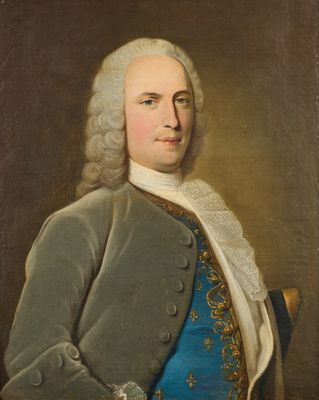 un tableau représentant un homme en costume bleu et chemise blanche