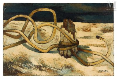 une image représentant un tableau sur lequel figurent une corde et un chapeau posés sur une table