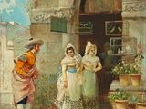 une image représentant un tableau où l'on voit un homme et une femme devant un bâtiment