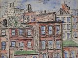 peinture d'une vue d'une ville avec une tour d'horloge en arrière-plan