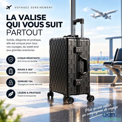 une publicité pour une marque de bagages avec une photo d'avion en arrière-plan