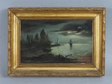 une peinture à l'huile représentant des bateaux dans un port, la nuit