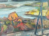 un tableau représentant un homme assis sur un banc au bord d'une rivière