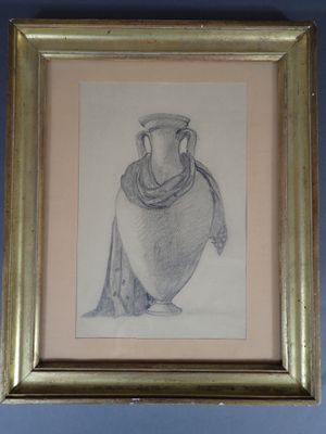painting of a vase in a gold frame on a blue wall