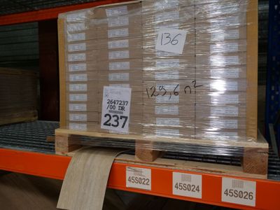 a pallet with a lot of boxes on it in a warehouse