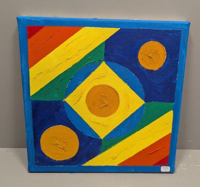tableau représentant une peinture abstraite colorée composée de cercles et de carrés sur un fond blanc