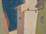 un tableau représentant une scène de rue avec des bâtiments et une tour horloge