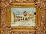 une peinture à l'huile représentant une scène de rue avec un bâtiment en arrière-plan