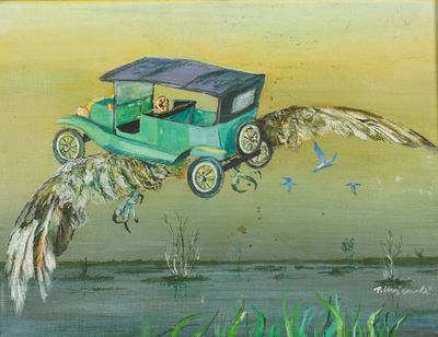 a painting of an old car flying over a body of water