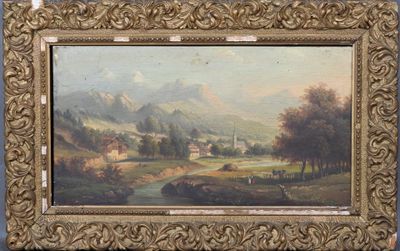 une peinture à l'huile représentant un paysage avec une rivière et des montagnes en arrière-plan