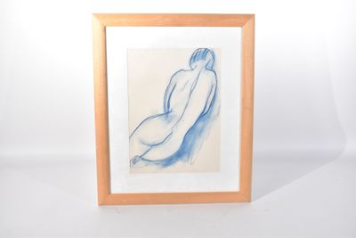 dessin en bleu et blanc représentant un nu féminin, dans un cadre en bois
