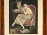 tableau représentant une femme assise sur une chaise devant un vase