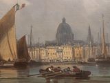 a painting of boats in the water with a building in the background