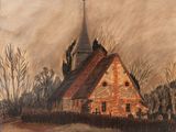 tableau représentant une vieille église avec un clocher et un clocher sur le toit