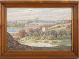 l'image d'un tableau représentant un paysage avec une rivière au premier plan