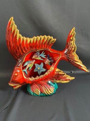 VALLAURIS - Lampe poisson rouge en faïence