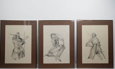 three framed drawings of a man holding a baseball bat and a woman holding a baseball bat