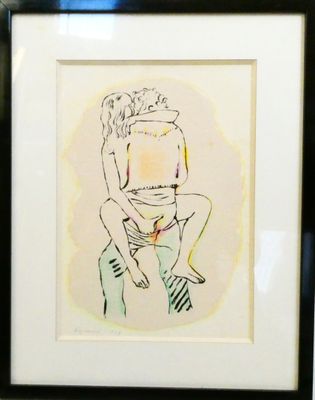 painting of a man with a tie holding a woman ' s head in a black frame