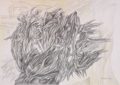 dessin représentant un bouquet de plantes séchées dans un vase posé sur une table