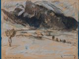 dessin représentant un paysage de montagne avec un arbre solitaire au premier plan
