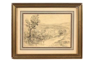 un dessin représentant un paysage avec des arbres et des collines en arrière-plan