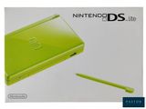 a green nintendo ds lite with a pen in front of it