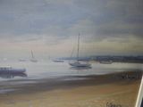 a painting of boats in the water on the beach