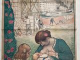 a painting of a woman feeding a baby in a box