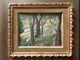 a painting of sheep grazing in a wooded area
