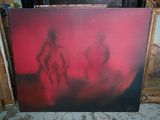 une photo d'un tableau représentant deux personnes sur un fond rouge