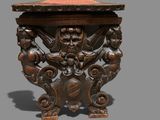 a wooden table with carvings on it on a gray background
