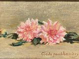 painting of two pink flowers on a beige background with the words cecile beauudry
