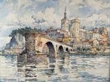 aquarelle représentant un pont enjambant une rivière, avec un château en arrière-plan