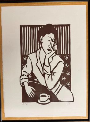 a black and white drawing of a woman sitting at a table with a cup of coffee