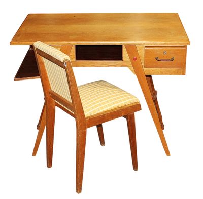 a wooden desk with a chair next to it