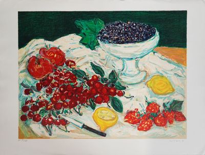 a painting of a bowl of berries and lemons on a table