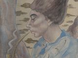 painting of a woman smoking a pipe in front of a body of water