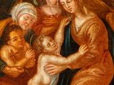 an image of a painting of a group of people surrounding a baby