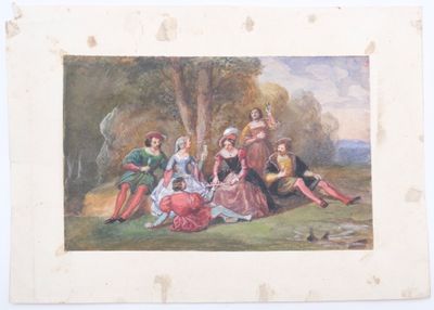 painting of a group of people sitting in a field near a tree