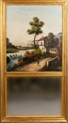 Trumeau en bois stuqué et redoré, la partie basse ornée d'un miroir, l - Photo 1