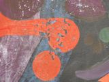 a painting of oranges and purples on a black background