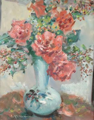 une peinture de fleurs dans un vase sur une table