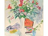 a painting of flowers in a vase on a table