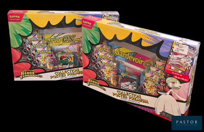 two boxes of pokemon trading cards on a black background