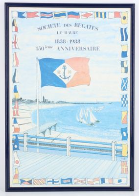 tableau représentant un voilier sur l'eau, avec un drapeau au premier plan