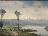 a painting of a view of a river with people on it