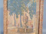 une peinture à l'huile représentant une fontaine dans une cour, avec des arbres en arrière-plan
