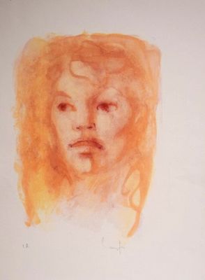 painting of a woman ' s face with orange hair and a moustache